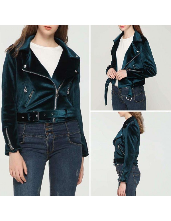 Velvet Autumn Jackets Turn Down Collar Slanted Zipper Slim Fit Coat