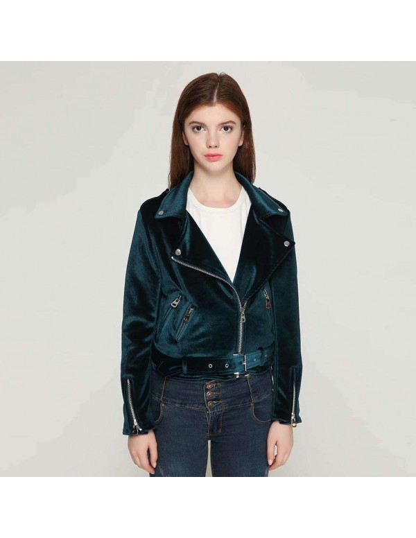 Velvet Autumn Jackets Turn Down Collar Slanted Zipper Slim Fit Coat