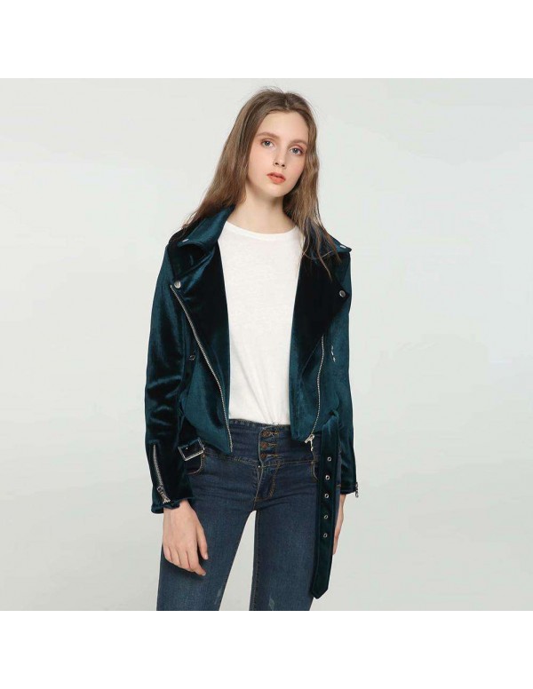 Velvet Autumn Jackets Turn Down Collar Slanted Zipper Slim Fit Coat