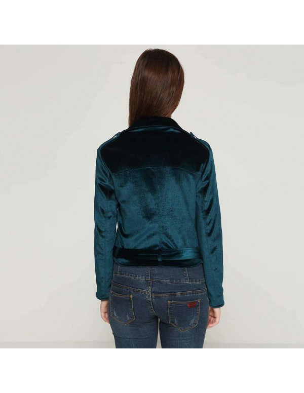 Velvet Autumn Jackets Turn Down Collar Slanted Zipper Slim Fit Coat