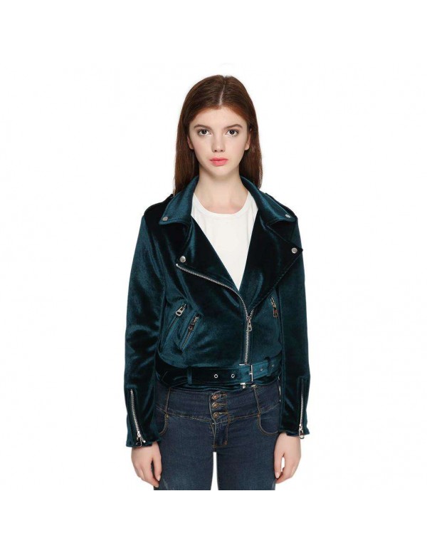 Velvet Autumn Jackets Turn Down Collar Slanted Zipper Slim Fit Coat