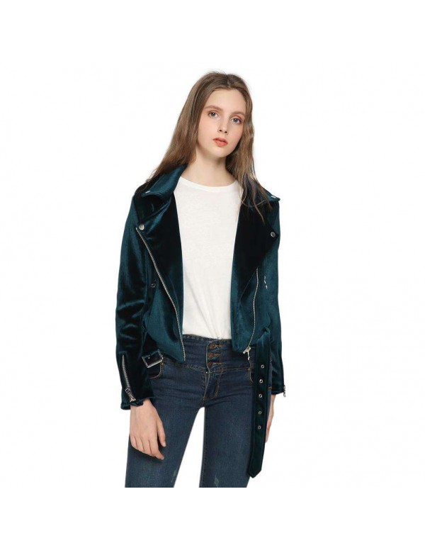 Velvet Autumn Jackets Turn Down Collar Slanted Zipper Slim Fit Coat