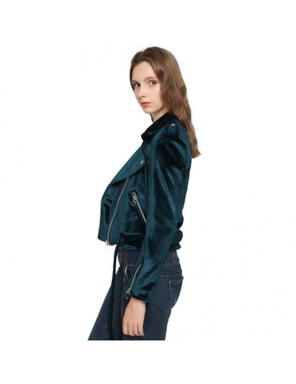 Velvet Autumn Jackets Turn Down Collar Slanted Zipper Slim Fit Coat