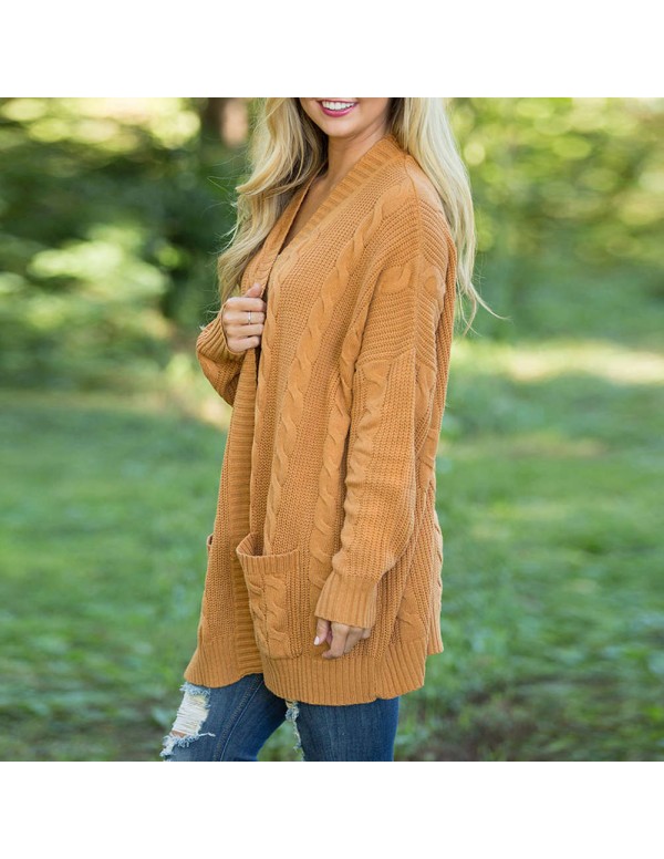 Fashion Open Front Long Sleeve Knitted Cardigans Sweater with Pockets