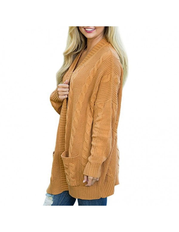 Fashion Open Front Long Sleeve Knitted Cardigans Sweater with Pockets