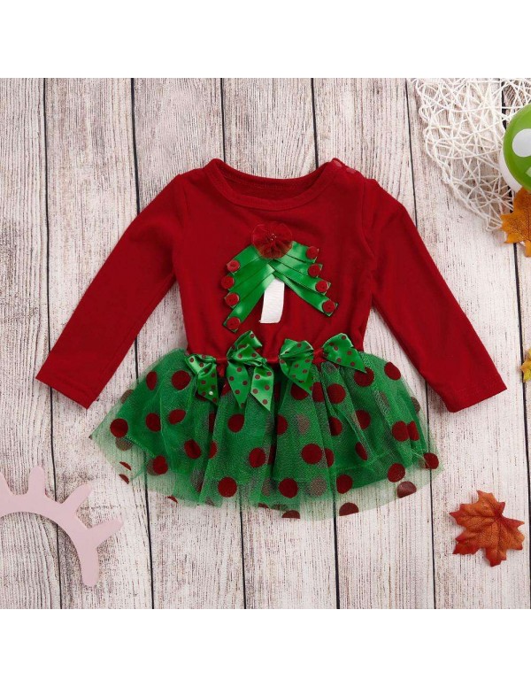 Baby Long Sleeve Girls Christmas Tree Gauze Dress Toddler Stitching Clothes