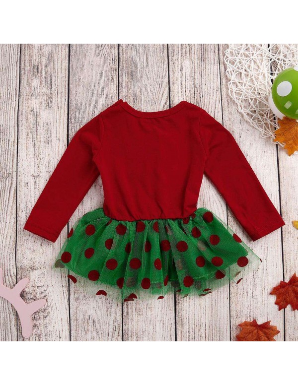 Baby Long Sleeve Girls Christmas Tree Gauze Dress Toddler Stitching Clothes