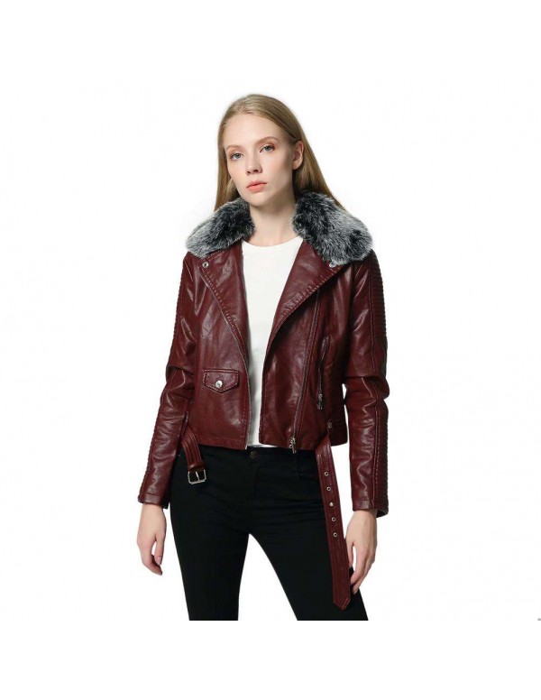 Faux Fur Collar PU Leather Short Jackets Slim Fit ...