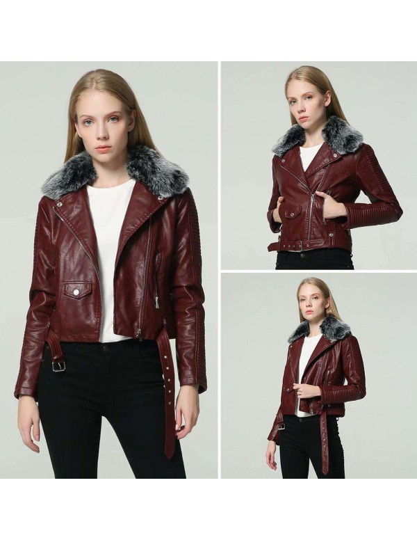 Faux Fur Collar PU Leather Short Jackets Slim Fit Fashion Streetwear