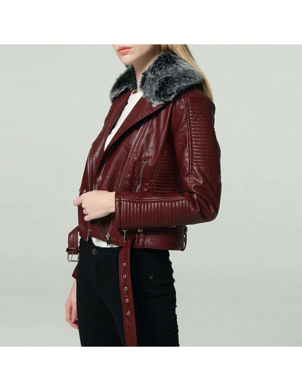 Faux Fur Collar PU Leather Short Jackets Slim Fit Fashion Streetwear