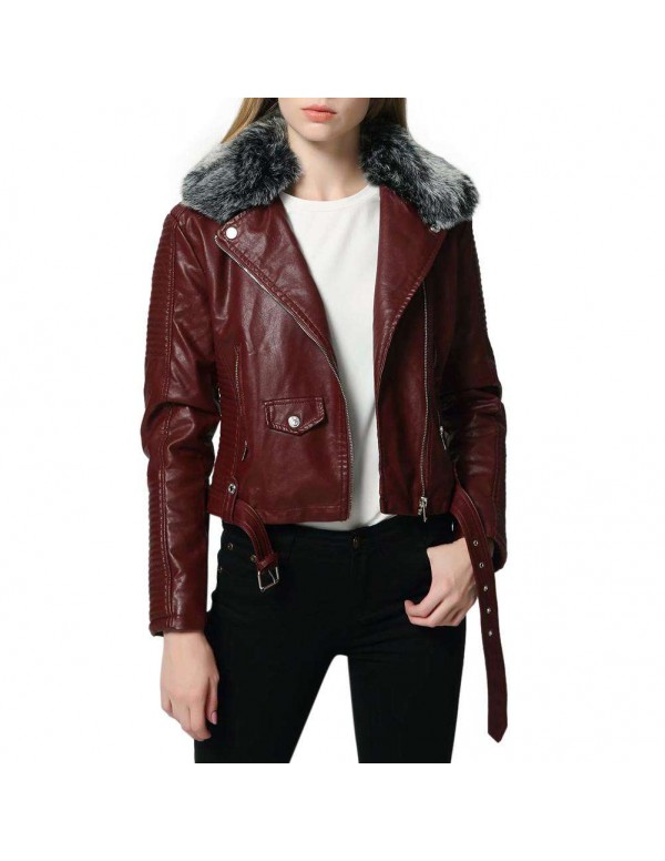 Faux Fur Collar PU Leather Short Jackets Slim Fit Fashion Streetwear