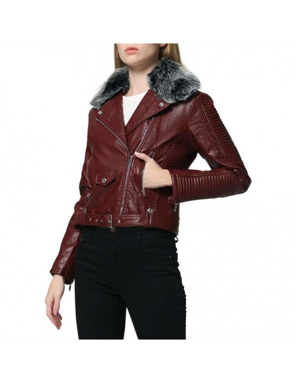 Faux Fur Collar PU Leather Short Jackets Slim Fit Fashion Streetwear