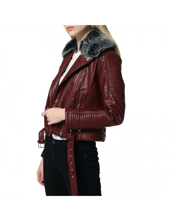 Faux Fur Collar PU Leather Short Jackets Slim Fit Fashion Streetwear