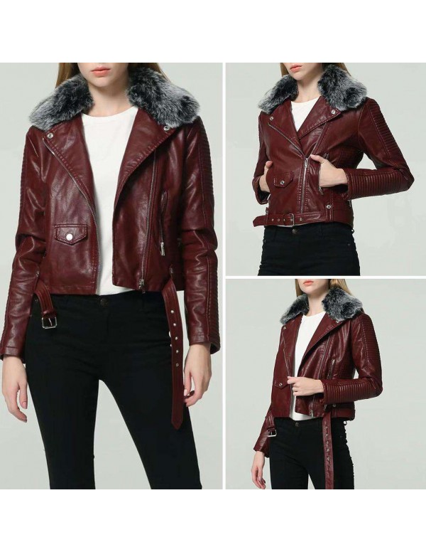 Faux Fur Collar PU Leather Short Jackets Slim Fit Fashion Streetwear