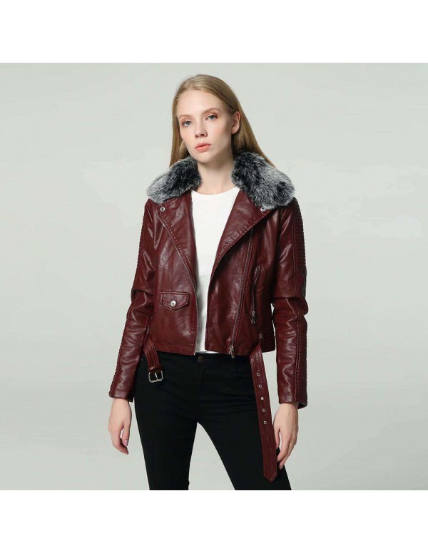 Faux Fur Collar PU Leather Short Jackets Slim Fit Fashion Streetwear