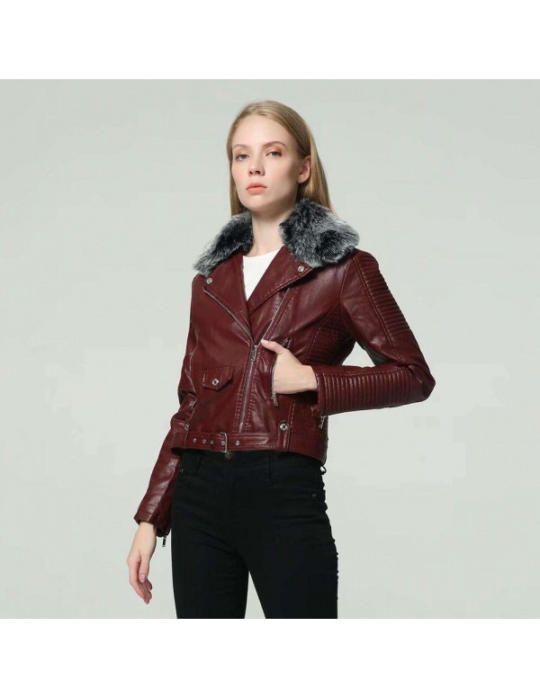 Faux Fur Collar PU Leather Short Jackets Slim Fit Fashion Streetwear