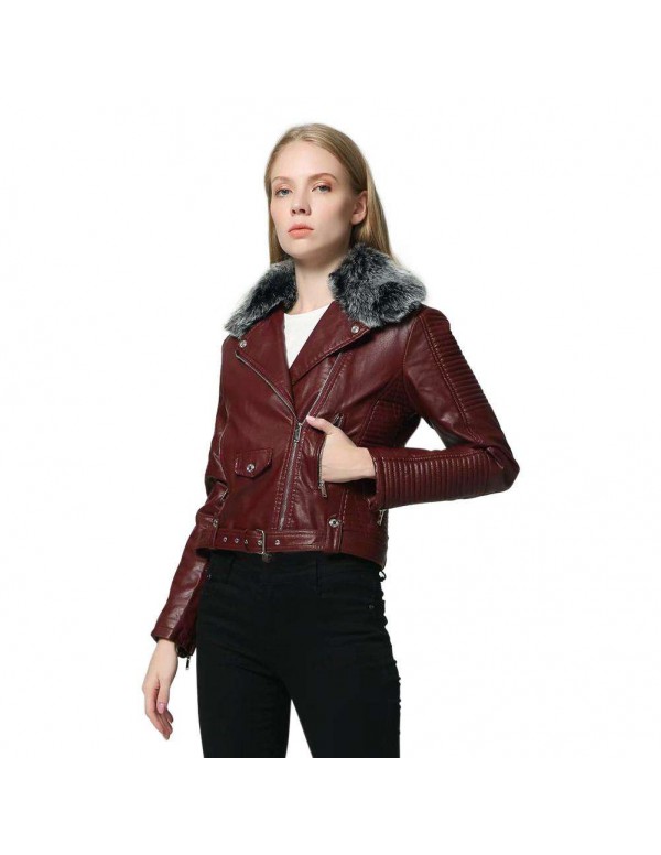 Faux Fur Collar PU Leather Short Jackets Slim Fit Fashion Streetwear