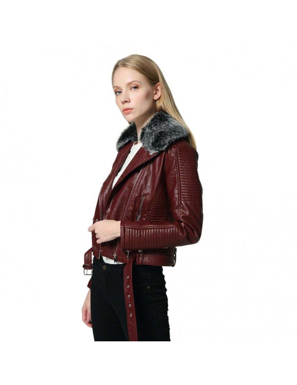 Faux Fur Collar PU Leather Short Jackets Slim Fit Fashion Streetwear