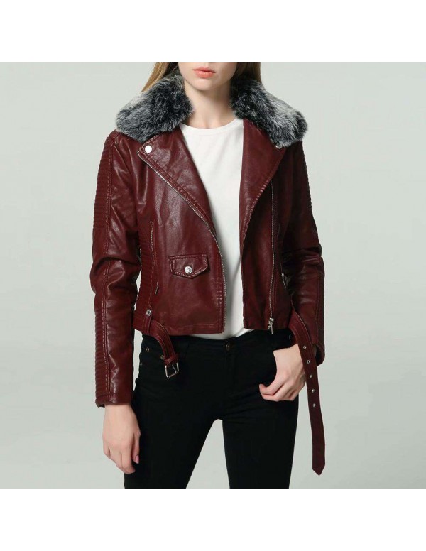 Faux Fur Collar PU Leather Short Jackets Slim Fit Fashion Streetwear