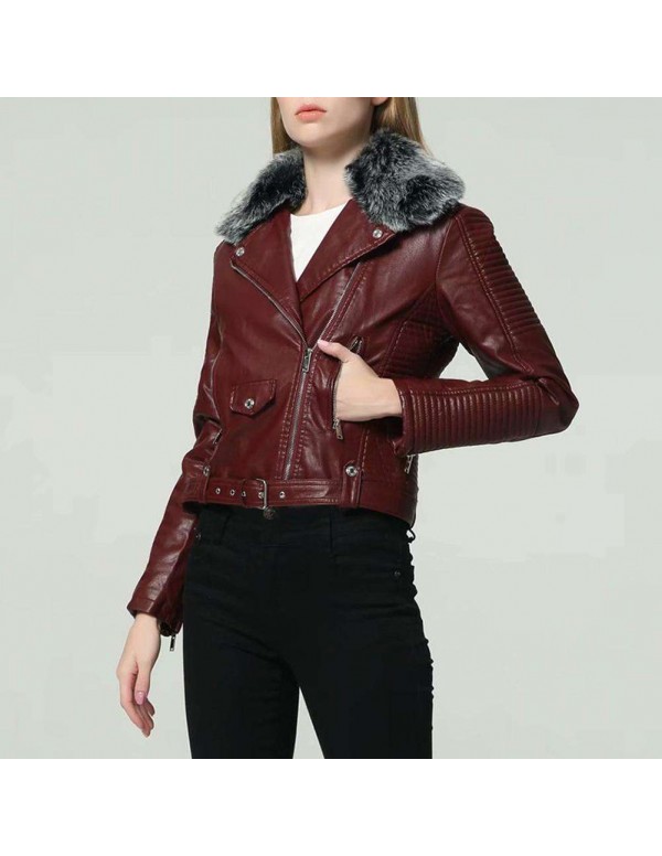 Faux Fur Collar PU Leather Short Jackets Slim Fit Fashion Streetwear