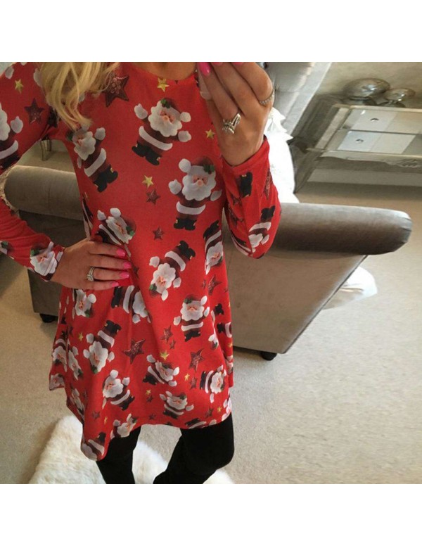 Cute Santa Claus Print Casual Long Sleeve Daily Sweet Dresses (Red S)