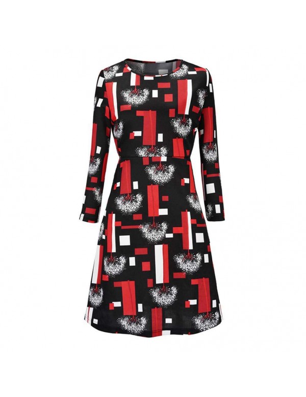 Autumn Elegant Geometry Print Midi Dress Long Sleeve Casual Clothing