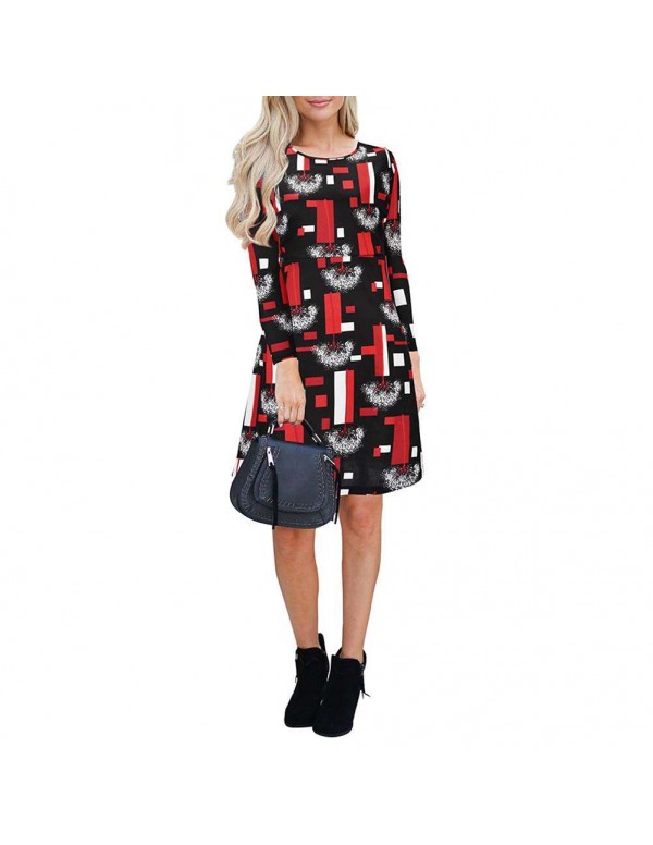 Autumn Elegant Geometry Print Midi Dress Long Sleeve Casual Clothing