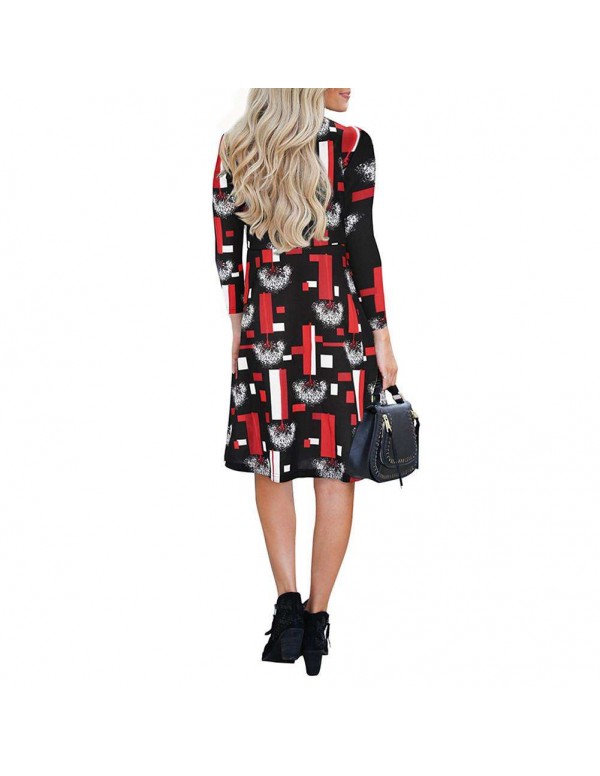 Autumn Elegant Geometry Print Midi Dress Long Sleeve Casual Clothing