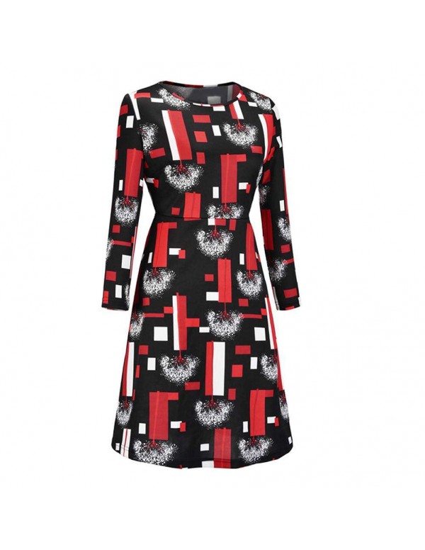 Autumn Elegant Geometry Print Midi Dress Long Sleeve Casual Clothing