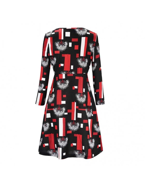 Autumn Elegant Geometry Print Midi Dress Long Sleeve Casual Clothing