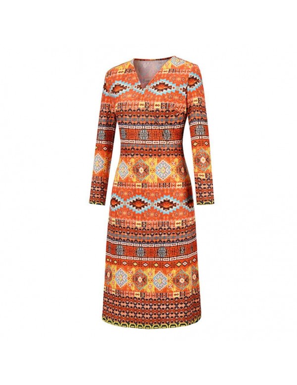 V-Neck Slim Fit Midi Dress Boho Geometry Print Long Sleeve Clothing