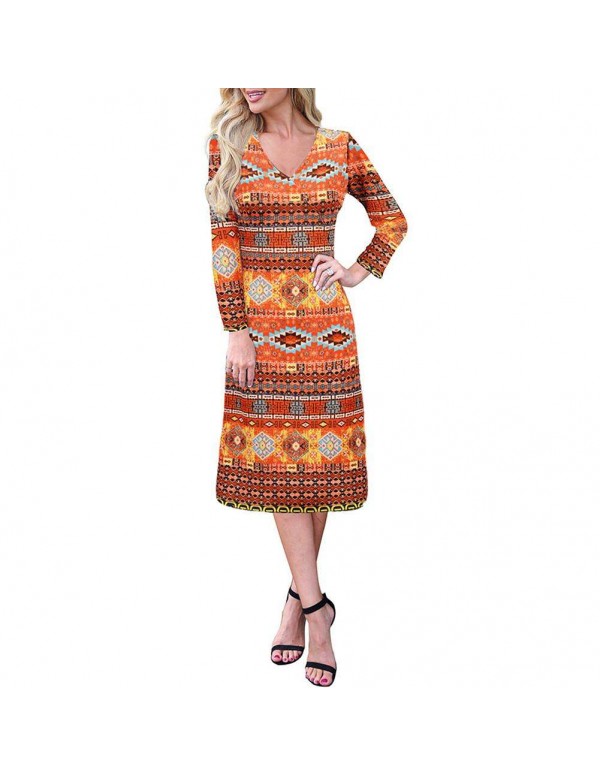 V-Neck Slim Fit Midi Dress Boho Geometry Print Long Sleeve Clothing