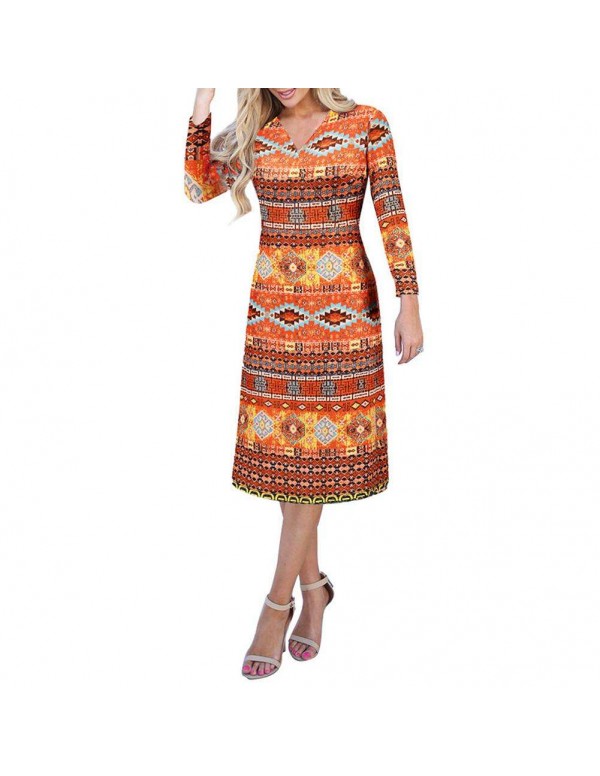 V-Neck Slim Fit Midi Dress Boho Geometry Print Long Sleeve Clothing