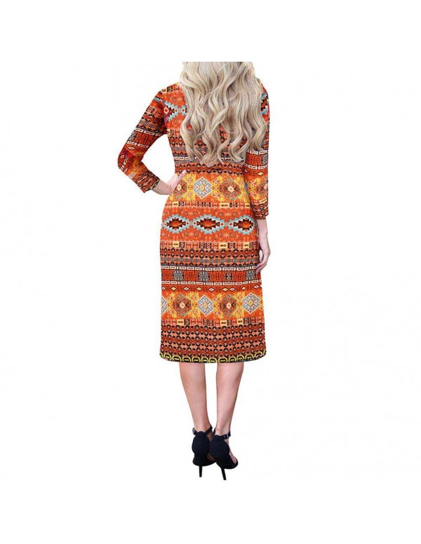 V-Neck Slim Fit Midi Dress Boho Geometry Print Long Sleeve Clothing