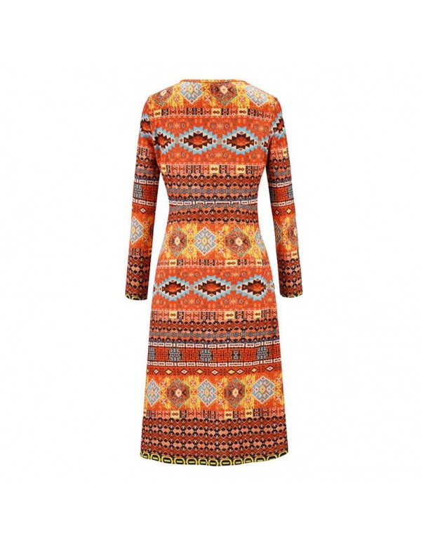 V-Neck Slim Fit Midi Dress Boho Geometry Print Long Sleeve Clothing