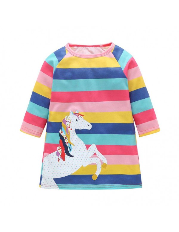 Child Girls Costumes Horse Stripe Print Long Sleeve Dress Children Clothes