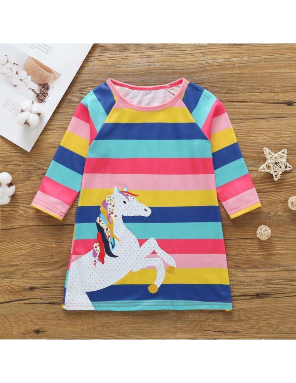 Child Girls Costumes Horse Stripe Print Long Sleeve Dress Children Clothes