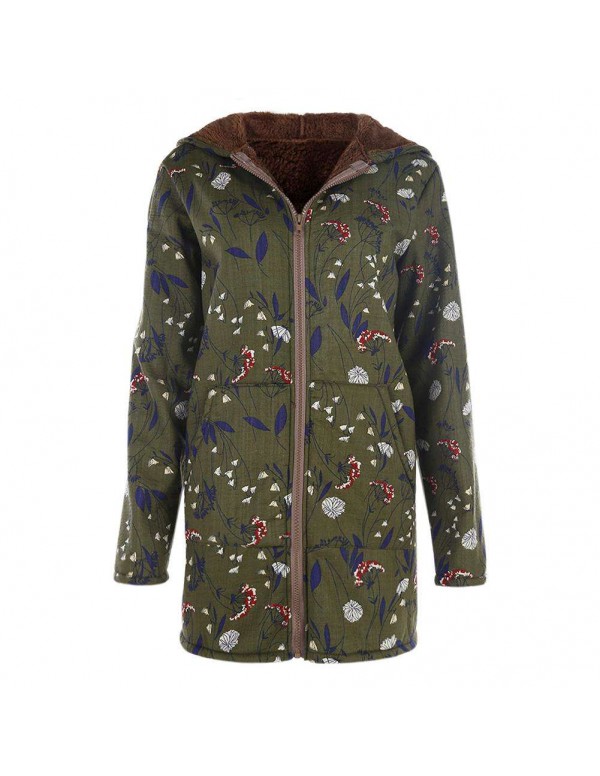 Jackets Cotton Warm Floral Print Pockets Vintage Hooded Coats