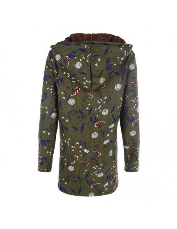 Jackets Cotton Warm Floral Print Pockets Vintage Hooded Coats