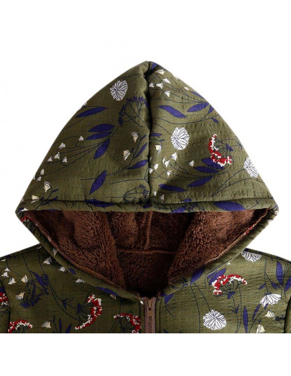 Jackets Cotton Warm Floral Print Pockets Vintage Hooded Coats