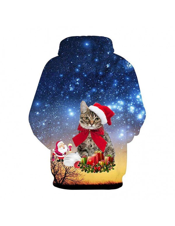 Unisex 3D Christmas Cat Print Men Hoodies Teenagers Casual Pullover Tops