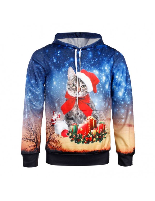 Unisex 3D Christmas Cat Print Men Hoodies Teenagers Casual Pullover Tops