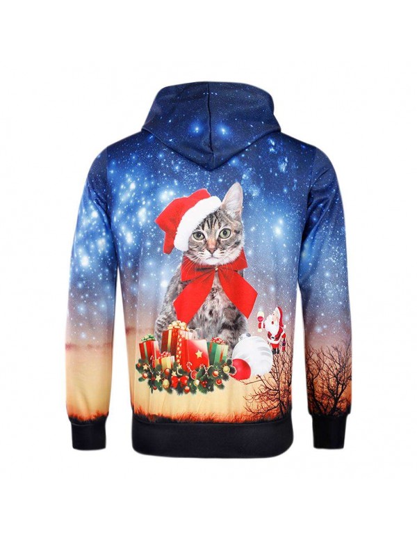 Unisex 3D Christmas Cat Print Men Hoodies Teenagers Casual Pullover Tops