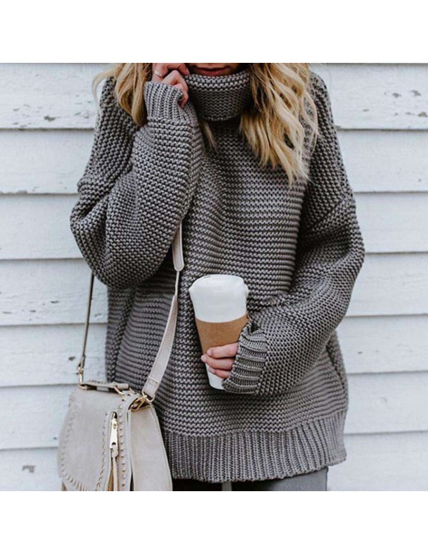 Knitted Solid Color Sweater Loose Turtleneck Thick...