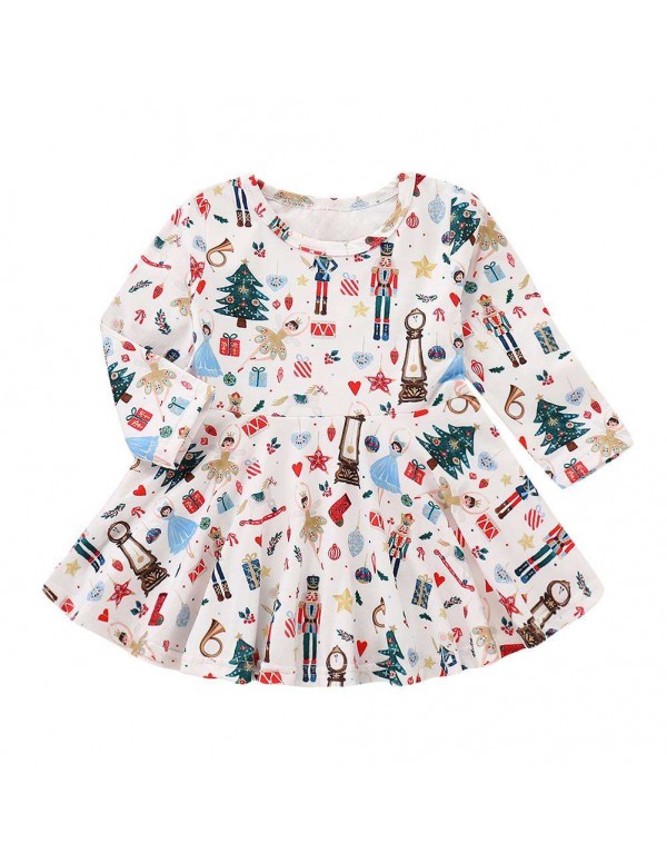 Christmas Print Swing Dress Princess Girls Long Sleeve Cotton Child Clothing