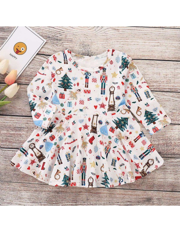 Christmas Print Swing Dress Princess Girls Long Sleeve Cotton Child Clothing