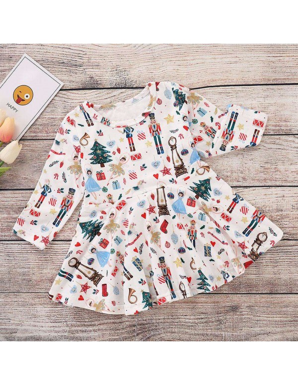 Christmas Print Swing Dress Princess Girls Long Sleeve Cotton Child Clothing