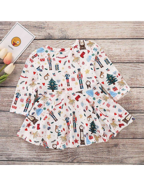 Christmas Print Swing Dress Princess Girls Long Sleeve Cotton Child Clothing