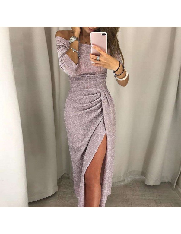 Slash Neck Bodycon Dress Glitter Sequin Front Split Party Dresses