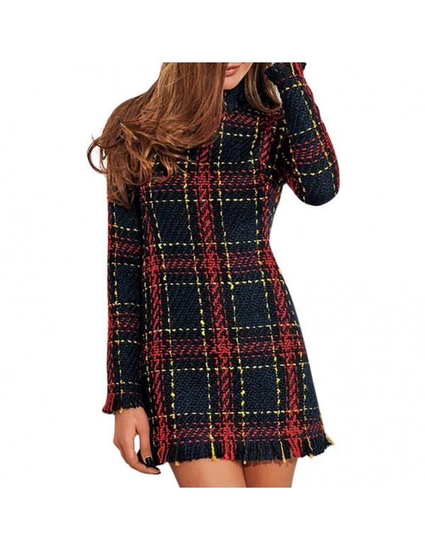 Vintage Mini Dress Autumn Elegant Plaid Print Tass...